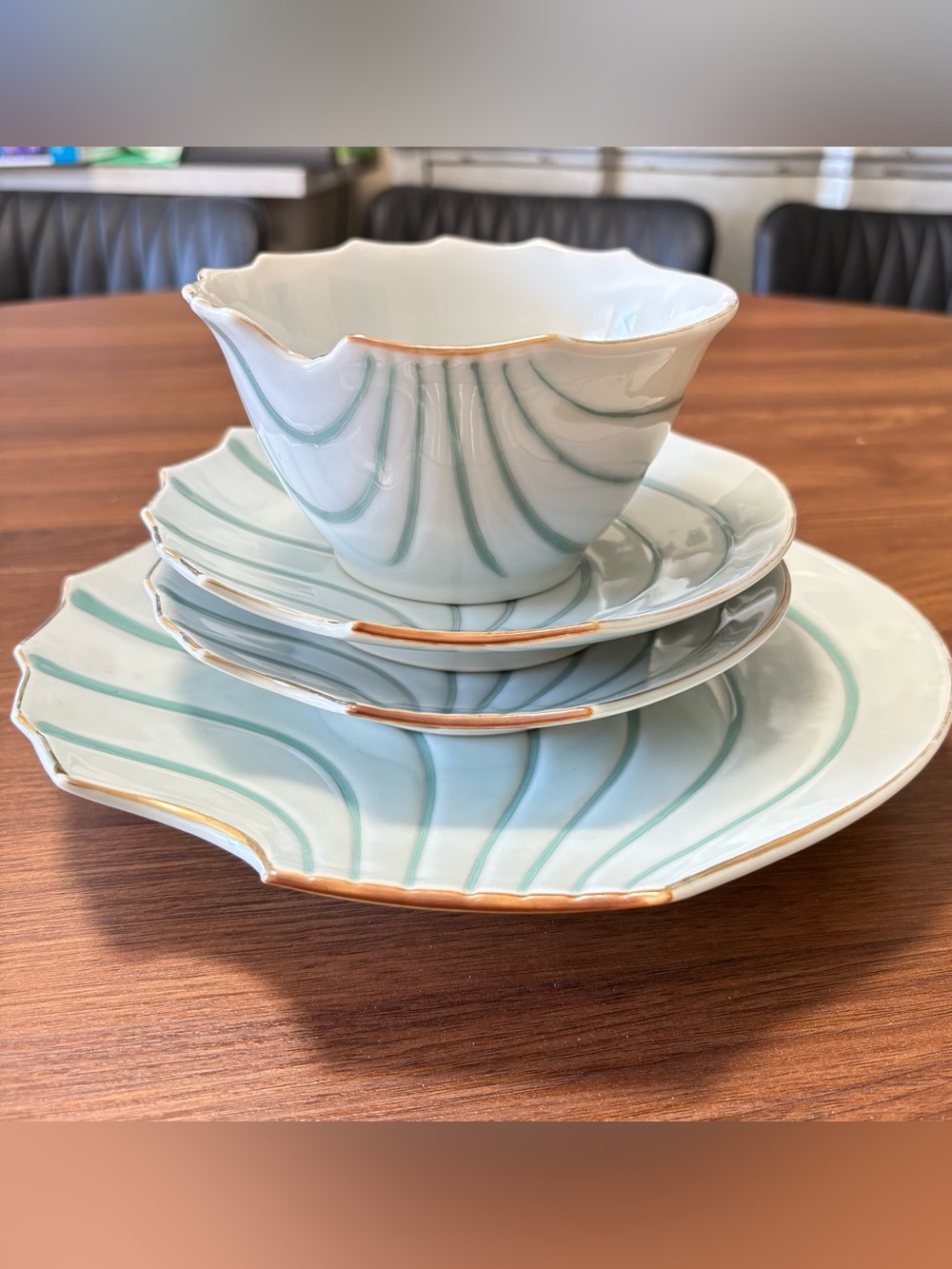 Vintage Japan Porcelain mid century Celadon Seashell Plates Dish 4 pieces